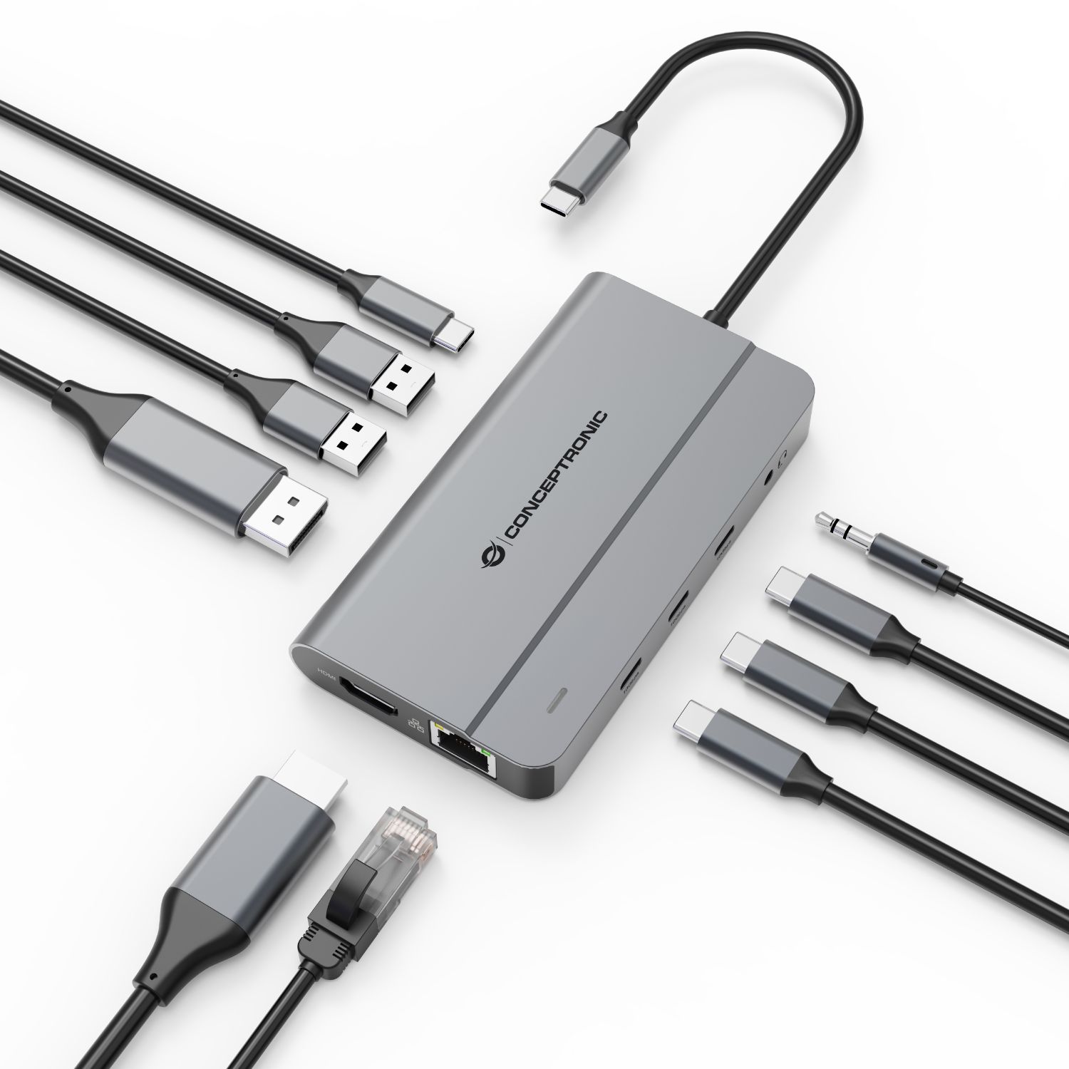 DONN34G - Docking Station USB-C 10en1 HDMI 4K a 60Hz DisplayPort 8K a 30Hz, Ethernet Gigabit, 3XUSB-C de 10Gbps, 2XUSB-A audio de 3.5mm y carga PD de 100W. Plata (DONN34G)