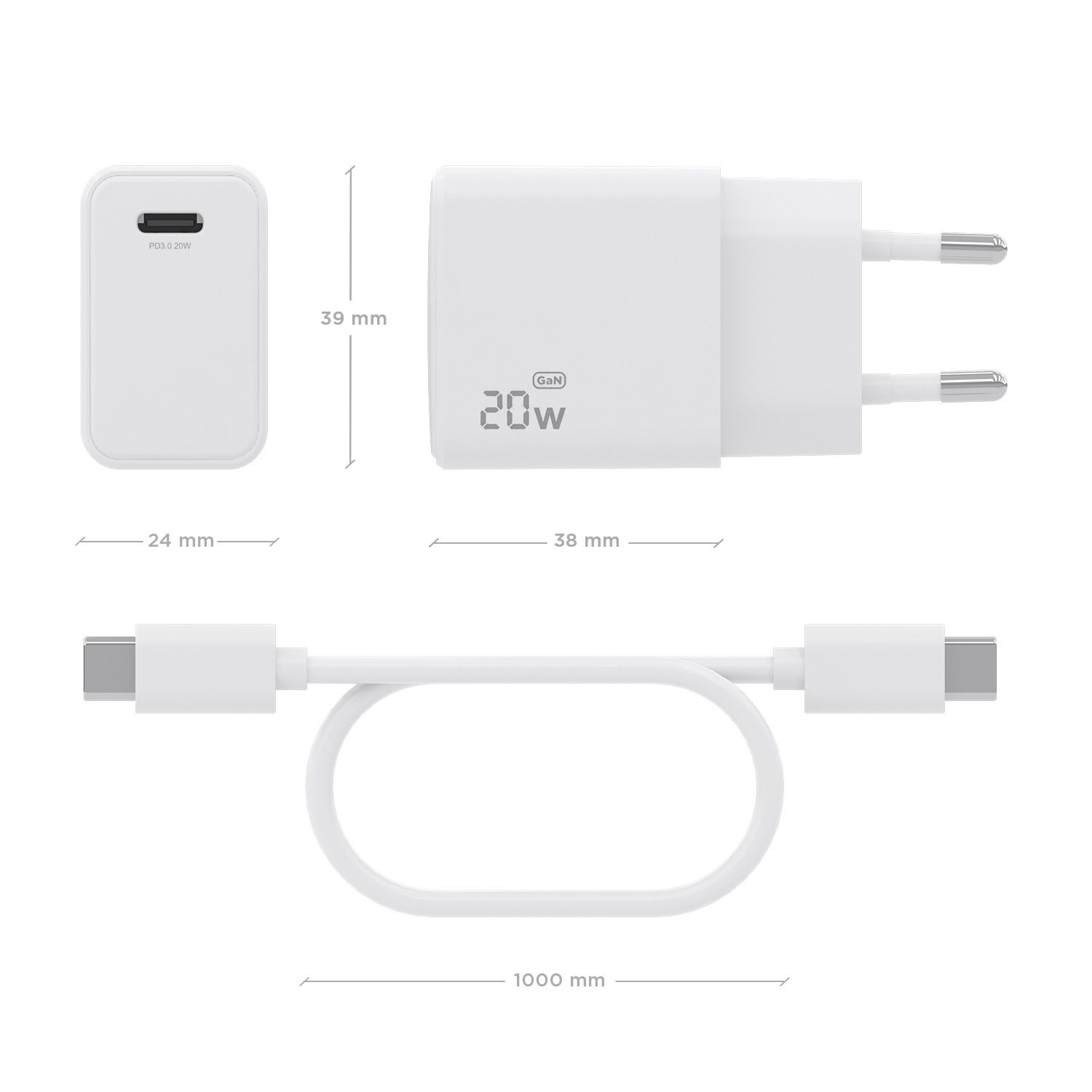 ASCH-20W1P081-W - Cargador de Pared AISENS GaN 20W PD 3.0 QC 4.0 1xUSB-C Cable 1m Blanco (ASCH-20W1P081-W)