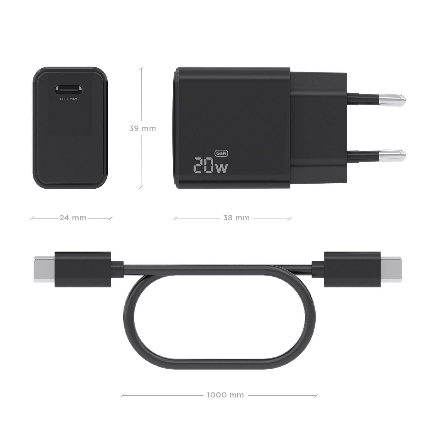 ASCH-20W1P082-BK - Cargador de Pared AISENS GaN 20W PD 3.0 QC 4.0 1xUSB-C Cable 1m Negro (ASCH-20W1P082-BK)
