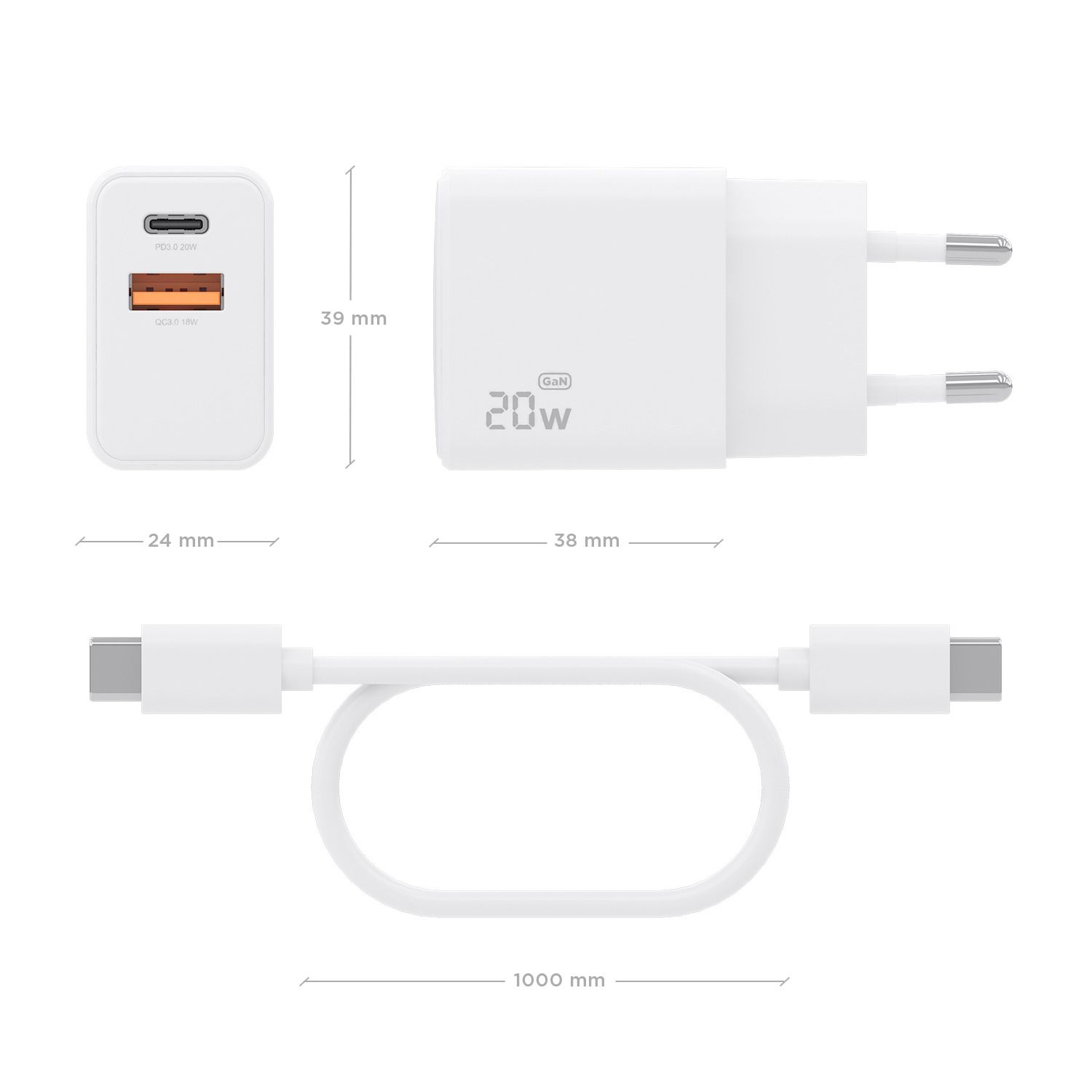 ASCH-20W2P083-W - Cargador de Pared AISENS GaN 20W PD 3.0 QC 4.0 1xUSB-C 1xUSB-A Cable 1m Blanco (ASCH-20W2P083-W)