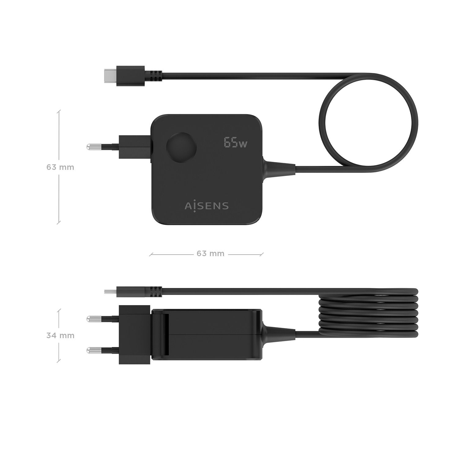 ASCH-1PD65WL85-BK - Cargador de Pared AISENS GaN 65W 1xUSB-C PD 3.0 Cable 1.5m. Negro (ASCH-1PD65WL85-BK)