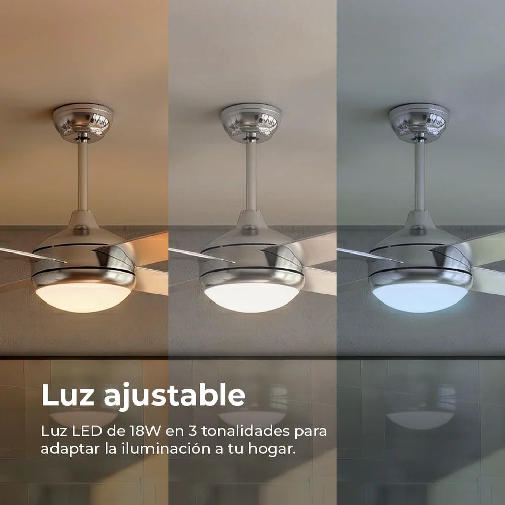 V0158 - Ventilador de Techo EVVO V516 Steel 65W Luz LED 18W 4 Aspas Reversibles 3 Velocidades Acero (V0158)