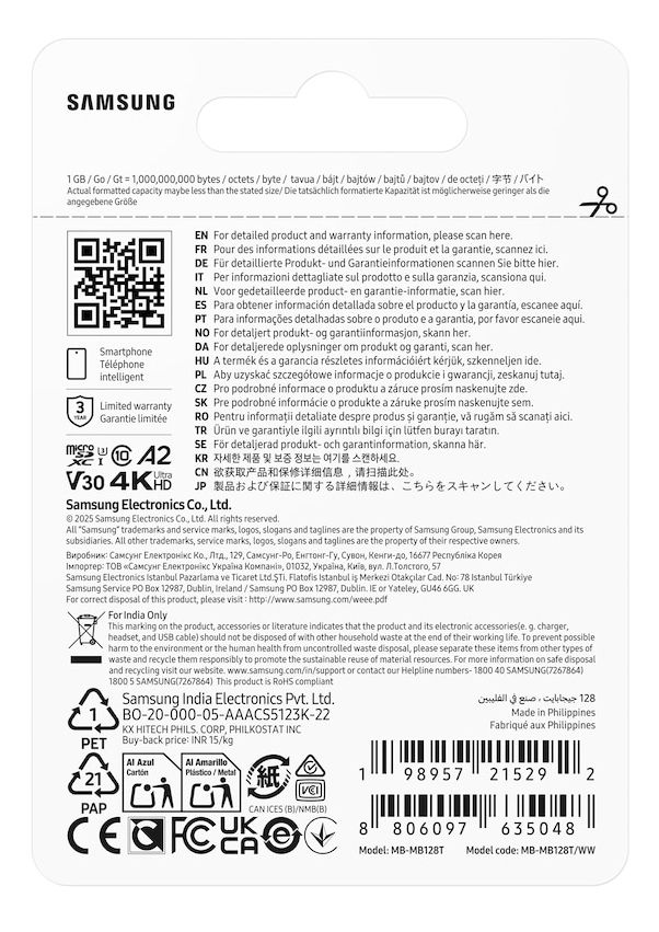 MB-MB128T/WW - Tarjeta Memoria Samsung Micro SDXC T7 128Gb UHS-I Class 3 (U3) V30 Lectura 170 Mb/s Azul (MB-MB128T/WW)