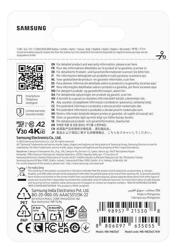 MB-MB256T/WW - Tarjeta Memoria Samsung Micro SDXC T7 256Gb UHS-I Class 3 (U3) V30 Lectura 170 Mb/s Azul (MB-MB256T/WW)