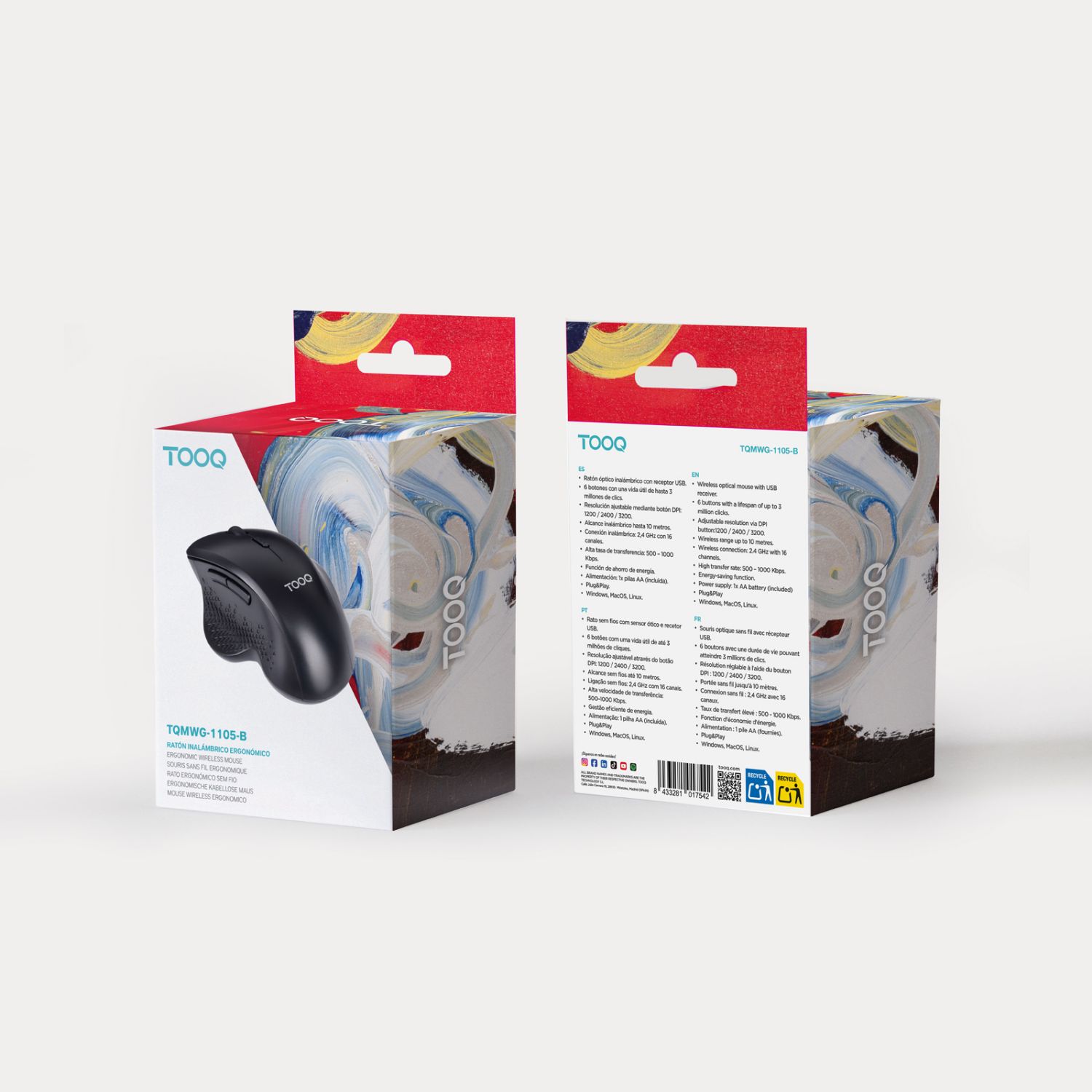 TQMWG-1105-B - Rat�n TooQ Ergon�mico Diestro �ptico RF Wireless 1600dpi 6 Botones Negro (TQMWG-1105-B)