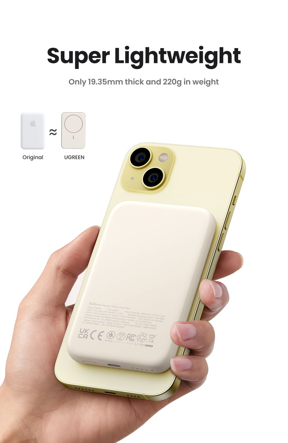 25208 - Bater�a externa Ugreen 10000mAh PD 3.0 20W Inal�mbrico Qi 1xUSB-C Beige (25208)