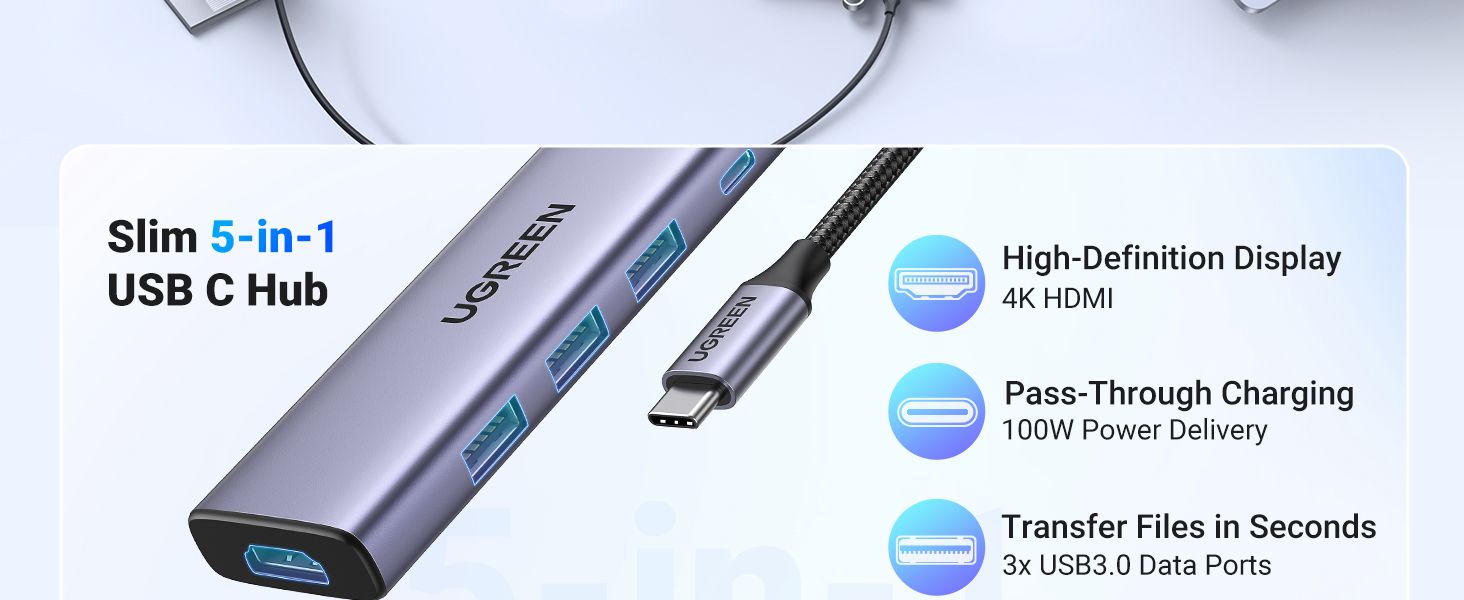 20956A - Hub Ugreen CM511 USB-C a 3xUSB-A 3.0/1xHDMI/Lector Tarjetas Plata (20956A)