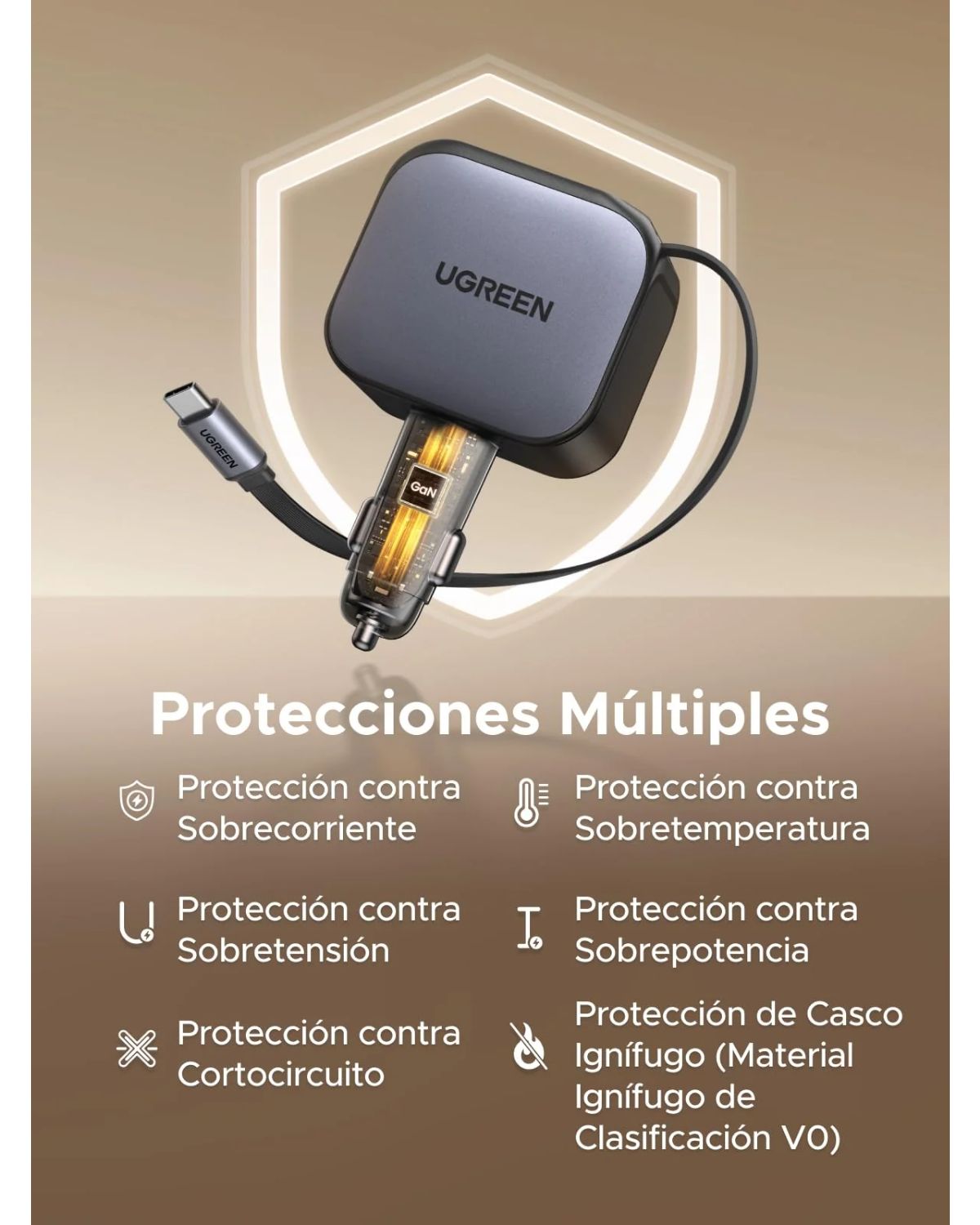 55910B - Cargador de Coche Ugreen PD 3.0/QC 3.0 145W 1xUSB-A 4xUSB-C Cable USB-C Retr�ctil Negro (55910B)