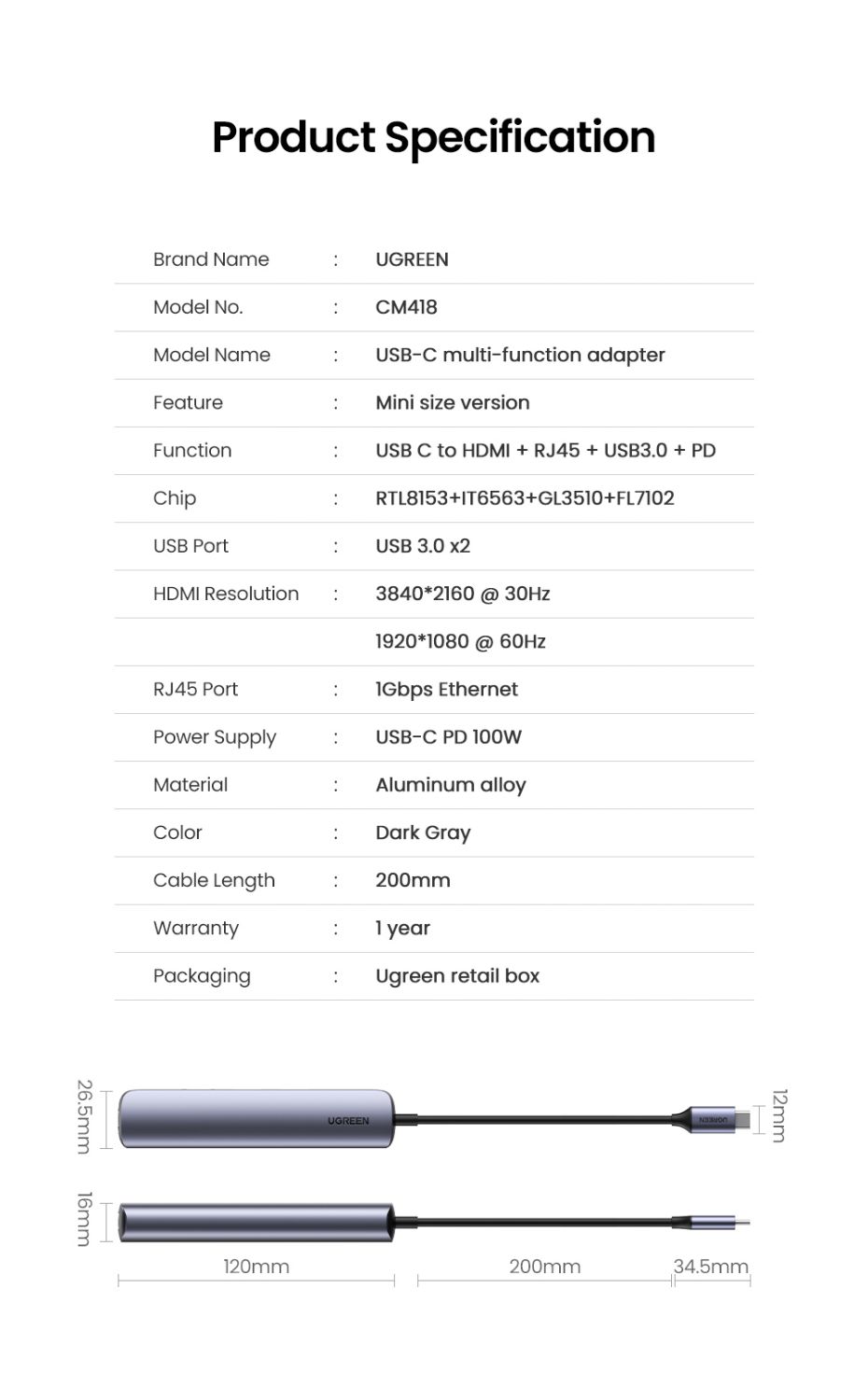 UG10919 - Replicador de Puertos Ugreen USB-C a 2xUSB-A 3.0/1xUSB-C PD 100W/1xHDMi/1xRJ45 Ethernet GbE Gris (UG10919)