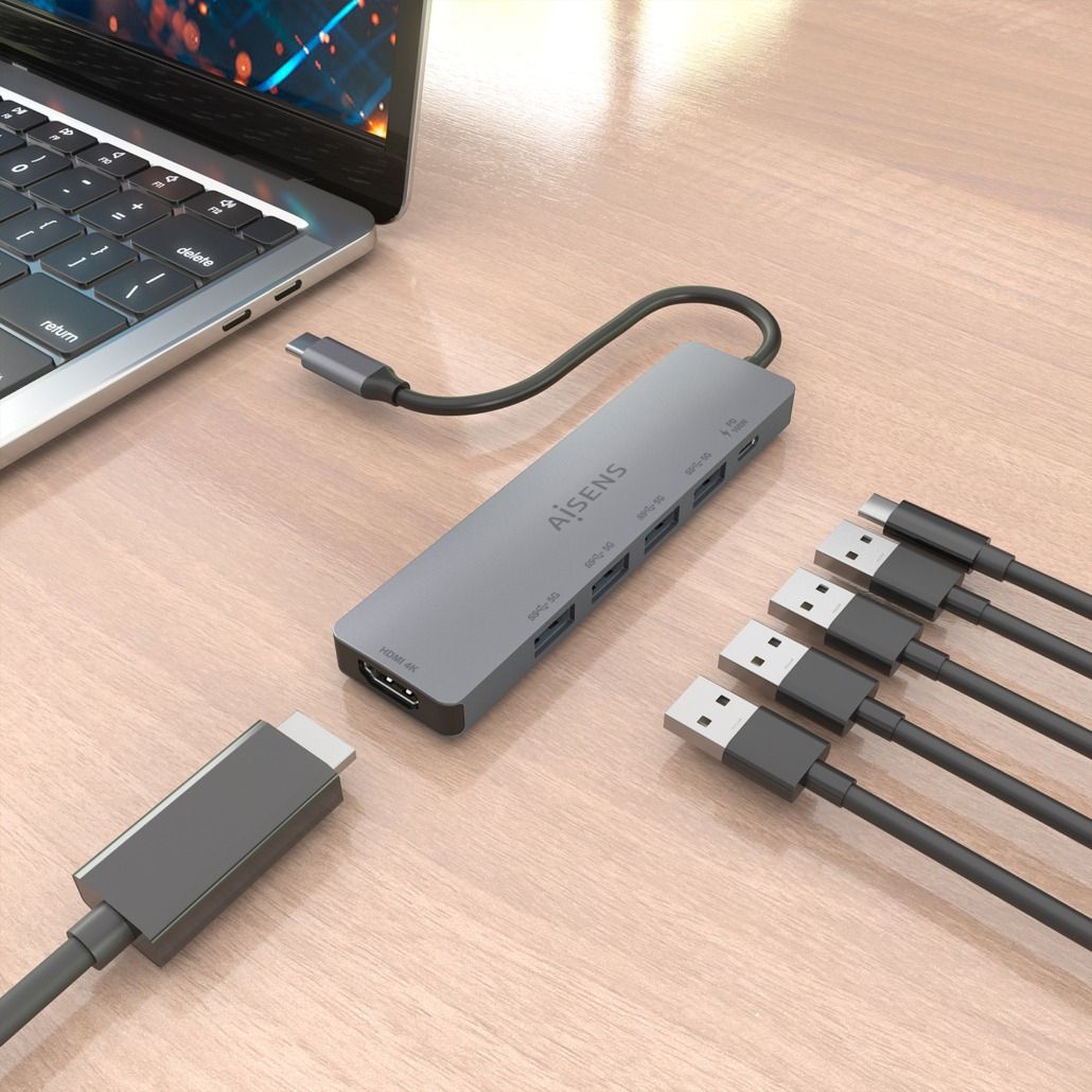 ASUC-6P047-GR - Docking Station AISENS USB-C a 4xUSB-A/1xHDMI 4K UHD/60Hz PD 100W Cable 0.15m Gris (ASUC-6P047-GR)
