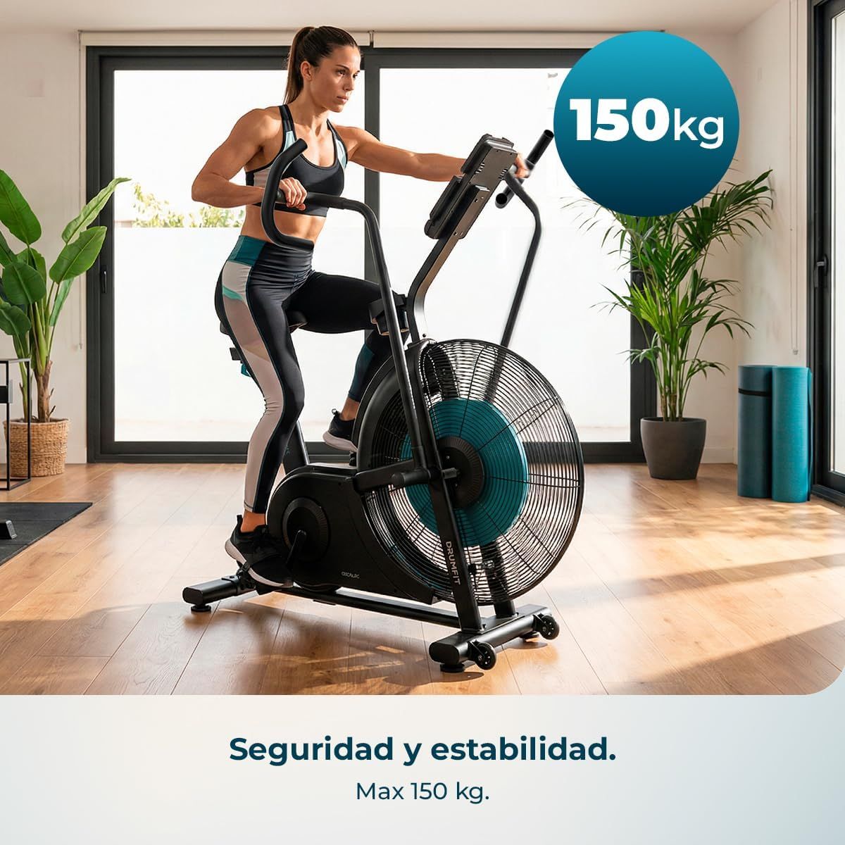 A01_EU01_122512 - Bicicleta de aire Cecotec DrumFit WOD Rider Ultimate Ventilador de 679.5 mm Resistencia progresiva Pedaleo bidireccional Doble correa silenciosa Pantalla LCD Conectividad Soporta hasta 150 kg Ruedas de transporte(A01_EU01_122512)
