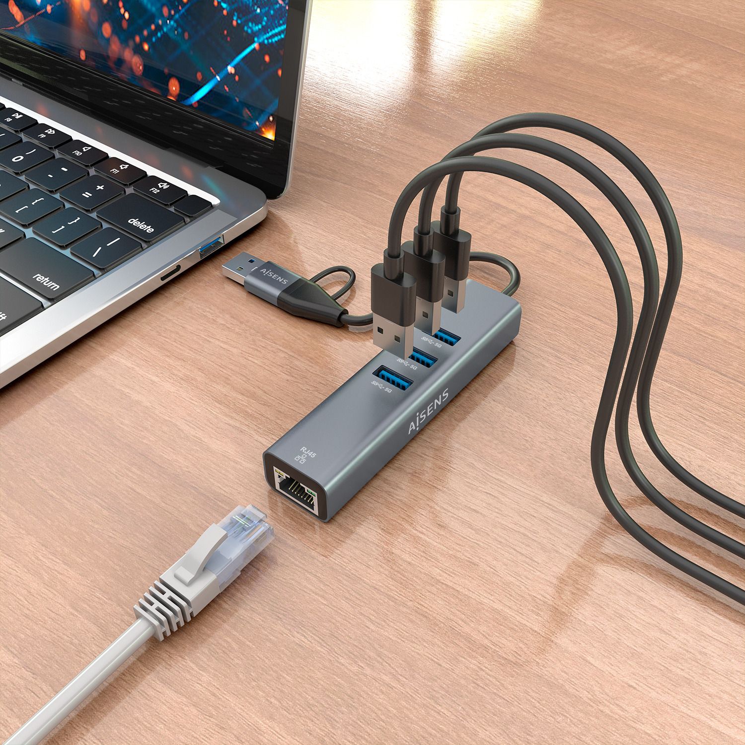 A109-1033 - Conversor USB 3.2 Gen1 AISENS de USB-A y USB-C a Ethernet Gigabit Conexion RJ45 10/100/1000 Mbps con HUB de 3 puertos USB 3.0 Cable de 15cm Plug and Play Compatible con Windows Mac OS y Linux .Gris (A109-1033)