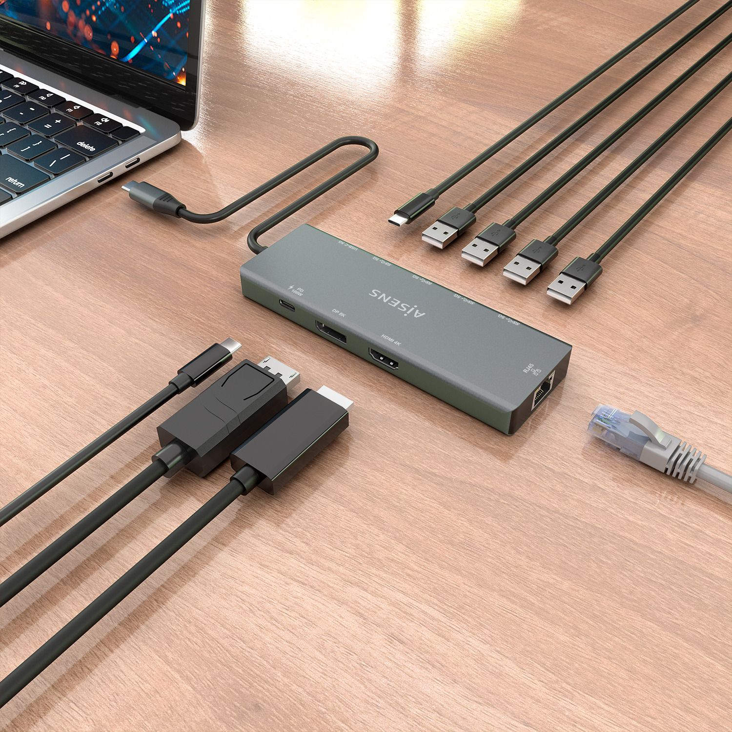 ASUC-9P051-GR - Docking Station AISENS USB-C 9en1. Carcasa de aluminio Puertos HDMI y DisplayPort hasta 8K Red Ethernet RJ45 4xUSB-A 5Gbps 1xUSB-C 5Gbps y puerto USB-C PD de 100W Cable de 20 cm Diseno compacto y ligero .Gris (ASUC-9P051-GR)