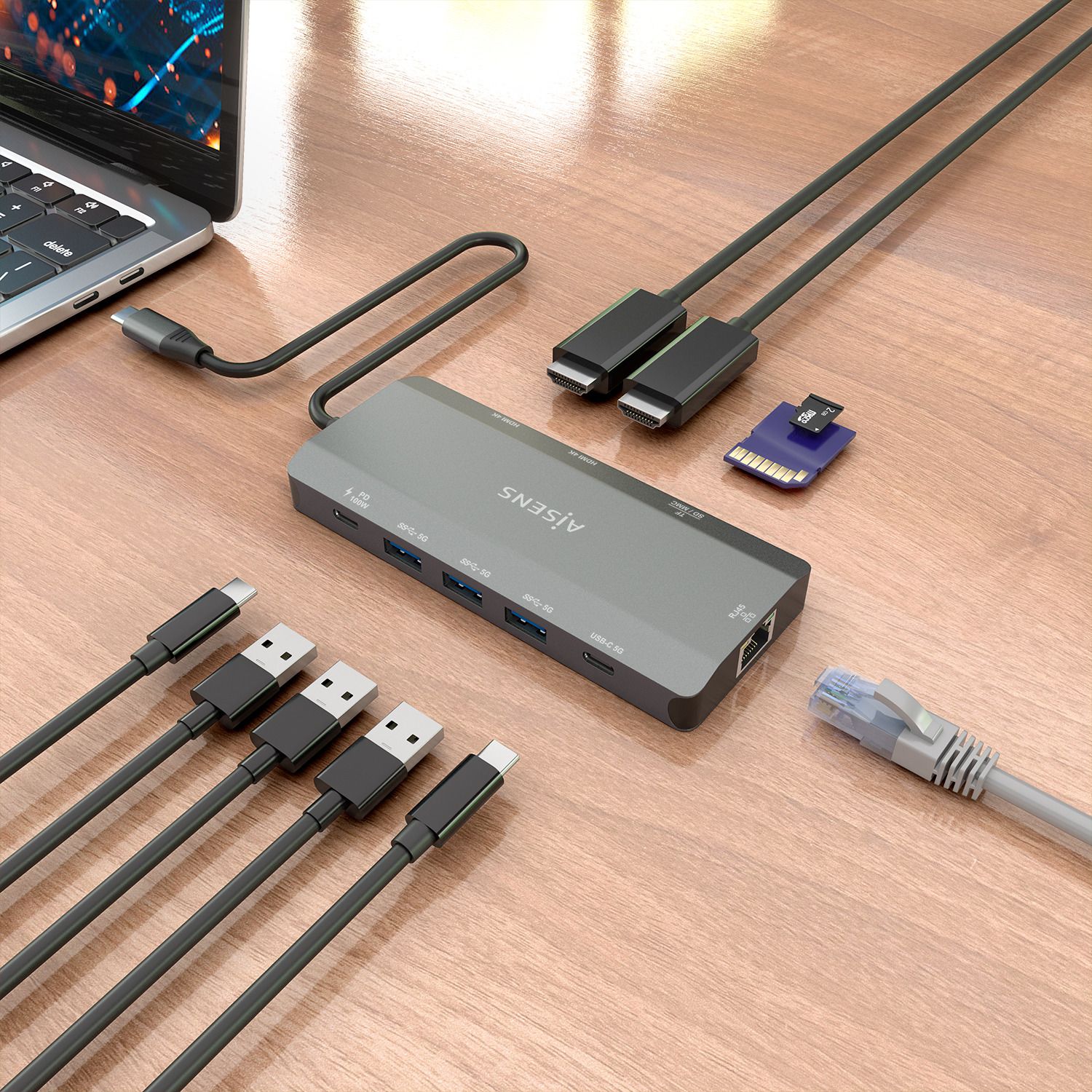 ASUC-10P052-GR - Docking Station AISENS USB-C 12en1 Carcasa de aluminio Doble salida HDMI hasta 4K Red Ethernet RJ45 3xUSB-A 1xUSB-C Lector de tarjetas SD y MicroSD Puerto USB-C Power Delivery 100W Cable de 20cm Diseno compacto. Gris(ASUC-10P052-GR)