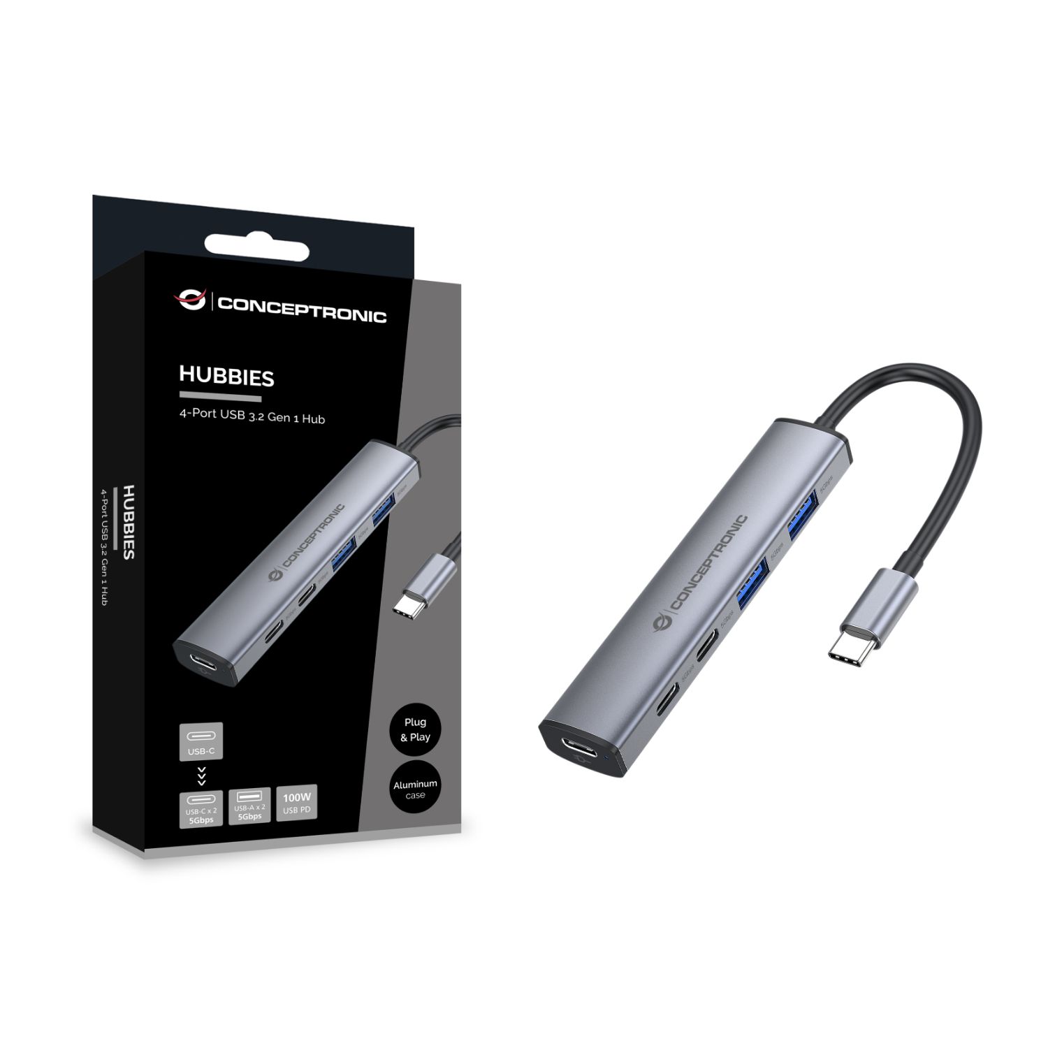 HUBBIES22G - Hub USB-C Conceptronic con 5 puertos: 2xUSB-A 3xUSB-C USB 3.2 Gen1 Power Delivery de hasta 100W Gris. (HUBBIES22G)