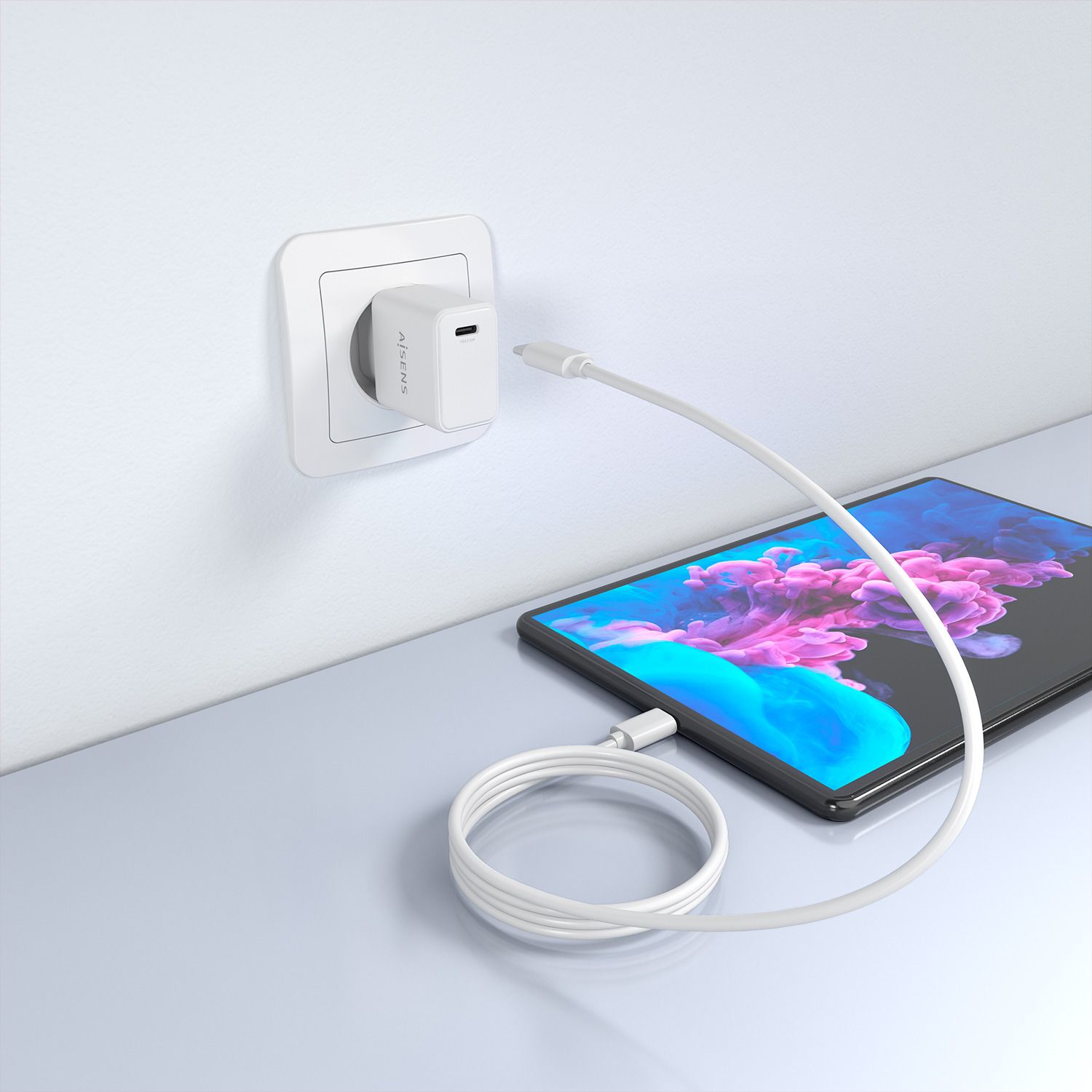 ASCH-20W1P081-W - Cargador de Pared AISENS GaN 20W PD 3.0 QC 4.0 1xUSB-C Cable 1m Blanco (ASCH-20W1P081-W)