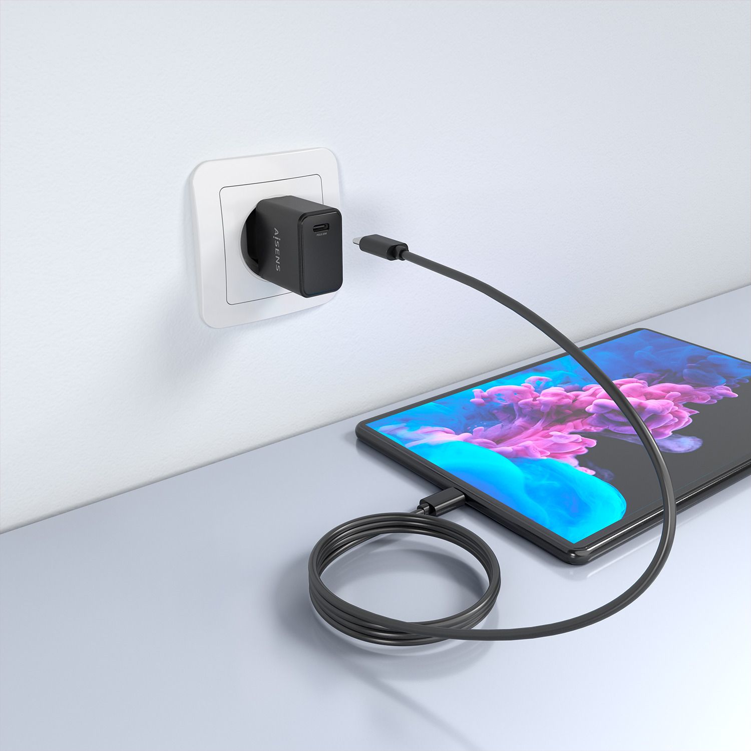 ASCH-20W1P082-BK - Cargador de Pared AISENS GaN 20W PD 3.0 QC 4.0 1xUSB-C Cable 1m Negro (ASCH-20W1P082-BK)