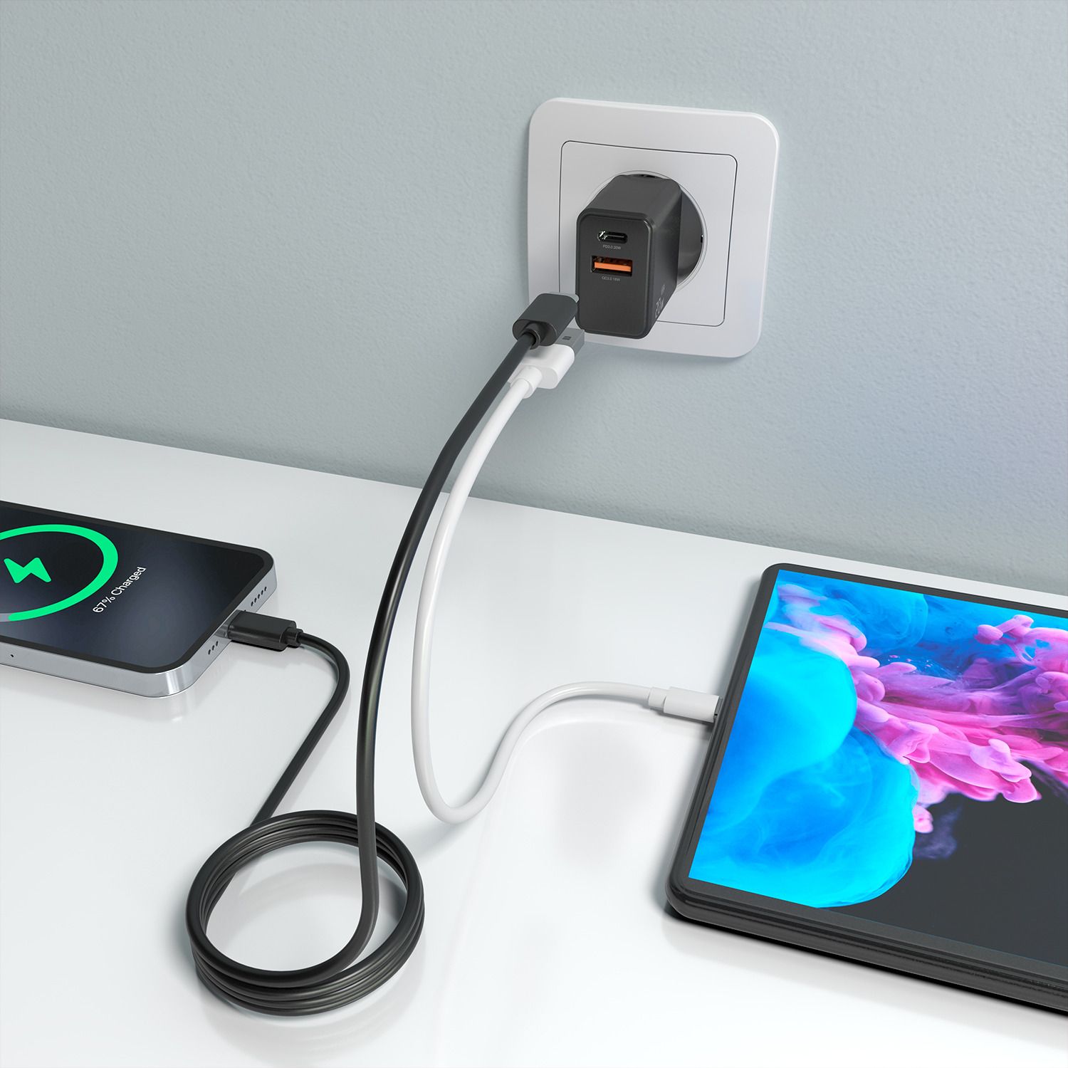 ASCH-20W2P084-BK - Cargador de Pared AISENS GaN 20W PD 3.0 QC 4.0 1xUSB-C 1xUSB-A Cable 1m Negro (ASCH-20W2P084-BK)