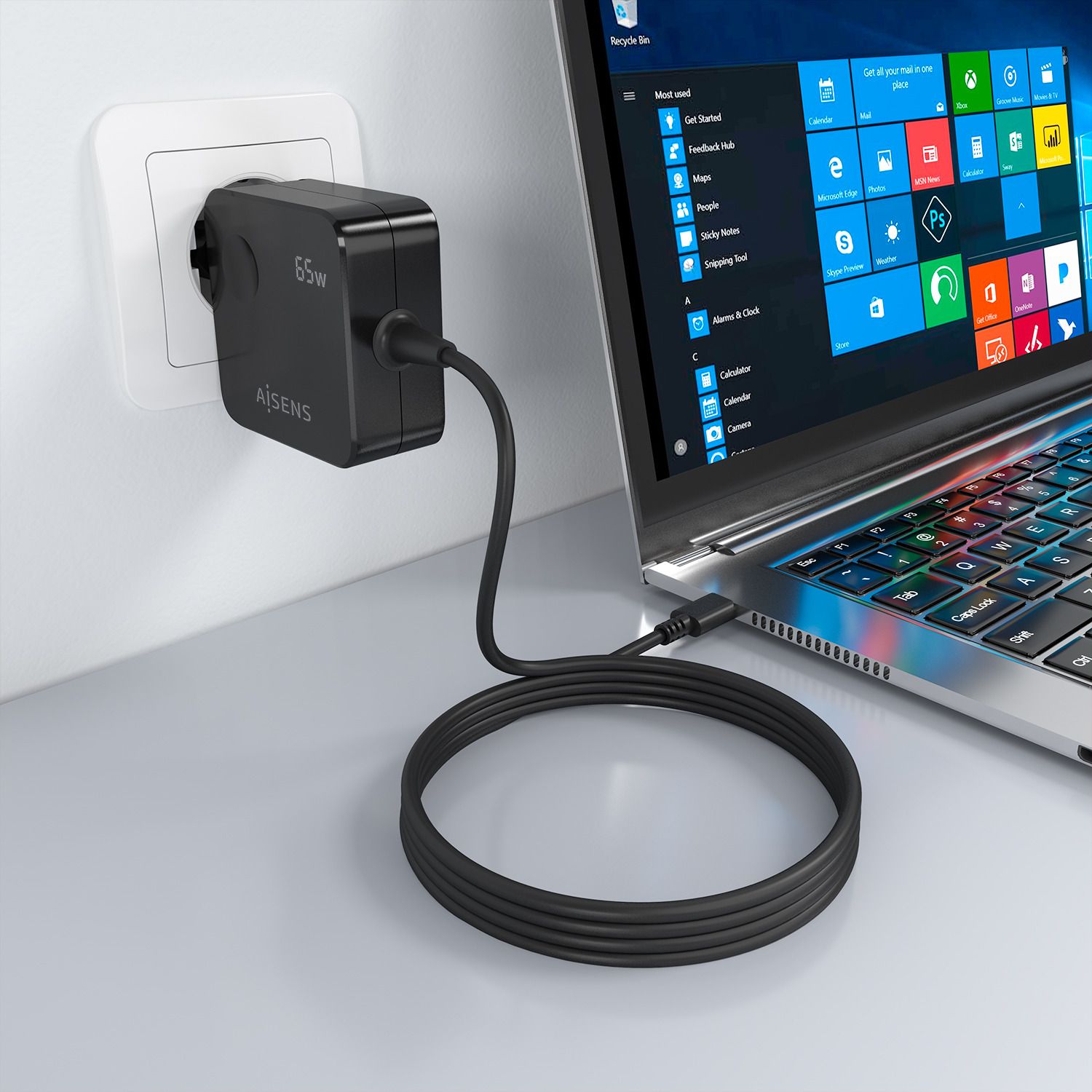 ASCH-1PD65WL85-BK - Cargador de Pared AISENS GaN 65W 1xUSB-C PD 3.0 Cable 1.5m. Negro (ASCH-1PD65WL85-BK)