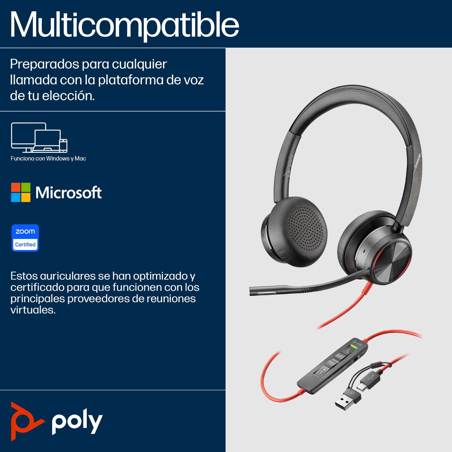 8X223AA - Auriculares+Micr�fono POLY Blackwire Supraurales Binaurales USB-C + Adaptador USB-C/A Negros (8X223AA)