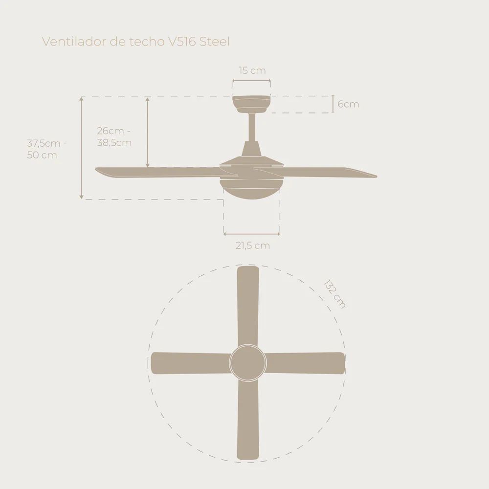 V0158 - Ventilador de Techo EVVO V516 Steel 65W Luz LED 18W 4 Aspas Reversibles 3 Velocidades Acero (V0158)