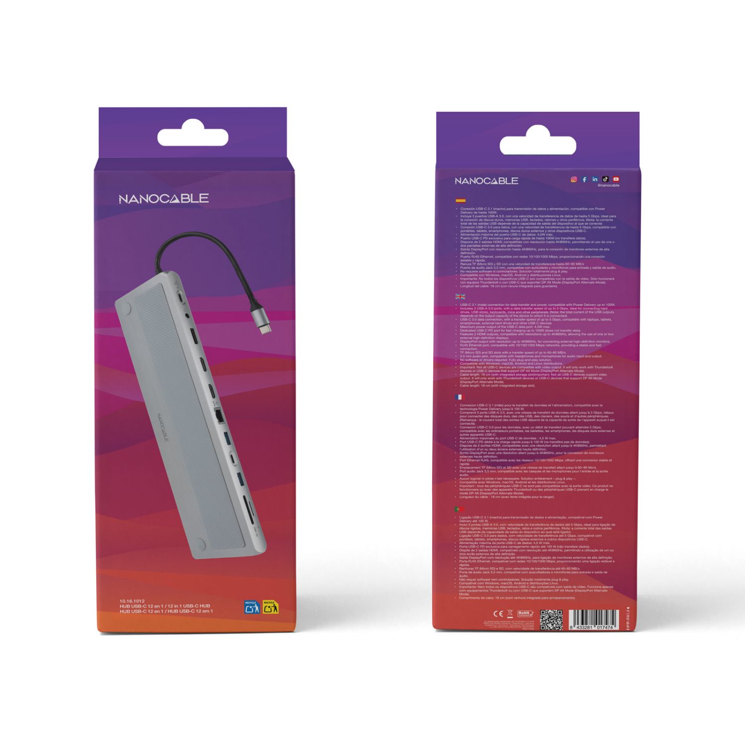10.16.1012 - Hub Conversor Nanocable USB-C 3.0 a 3xUSB-A 3.0/1xUSB-C/1xUSB-C 3.0 PD 100W/1xDP 4K/2xHDMI 4K/1xRJ45 Ethernet GbE Gris (10.16.1012)