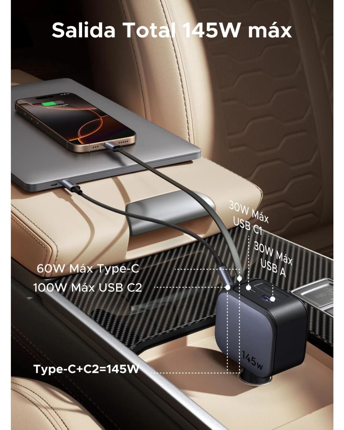 55910B - Cargador de Coche Ugreen PD 3.0/QC 3.0 145W 1xUSB-A 4xUSB-C Cable USB-C Retr�ctil Negro (55910B)