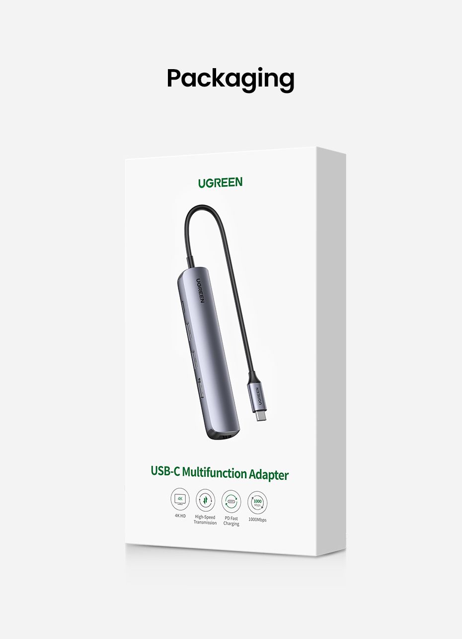 UG10919 - Replicador de Puertos Ugreen USB-C a 2xUSB-A 3.0/1xUSB-C PD 100W/1xHDMi/1xRJ45 Ethernet GbE Gris (UG10919)