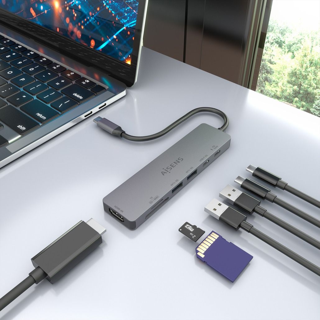 ASUC-7P048-GR - Docking AISENS 7en1 USB-C a 2xUSB-A/1xUSB-C PD/100W/1xHDMI 4K UHD 60Hz/Lector Tarjetas Cable 0.15m Gris (ASUC-7P048-GR)