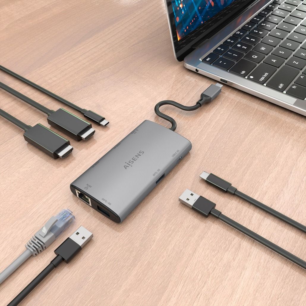 ASUC-7P049-GR - Docking Station AISENS 7en1 USB-C a 2xUSB-A/1xUSB-C PD 100W/2xHDMI 4K UHD 60Hz/1xRJ45 Cable 0.2m Gris (ASUC-7P049-GR)