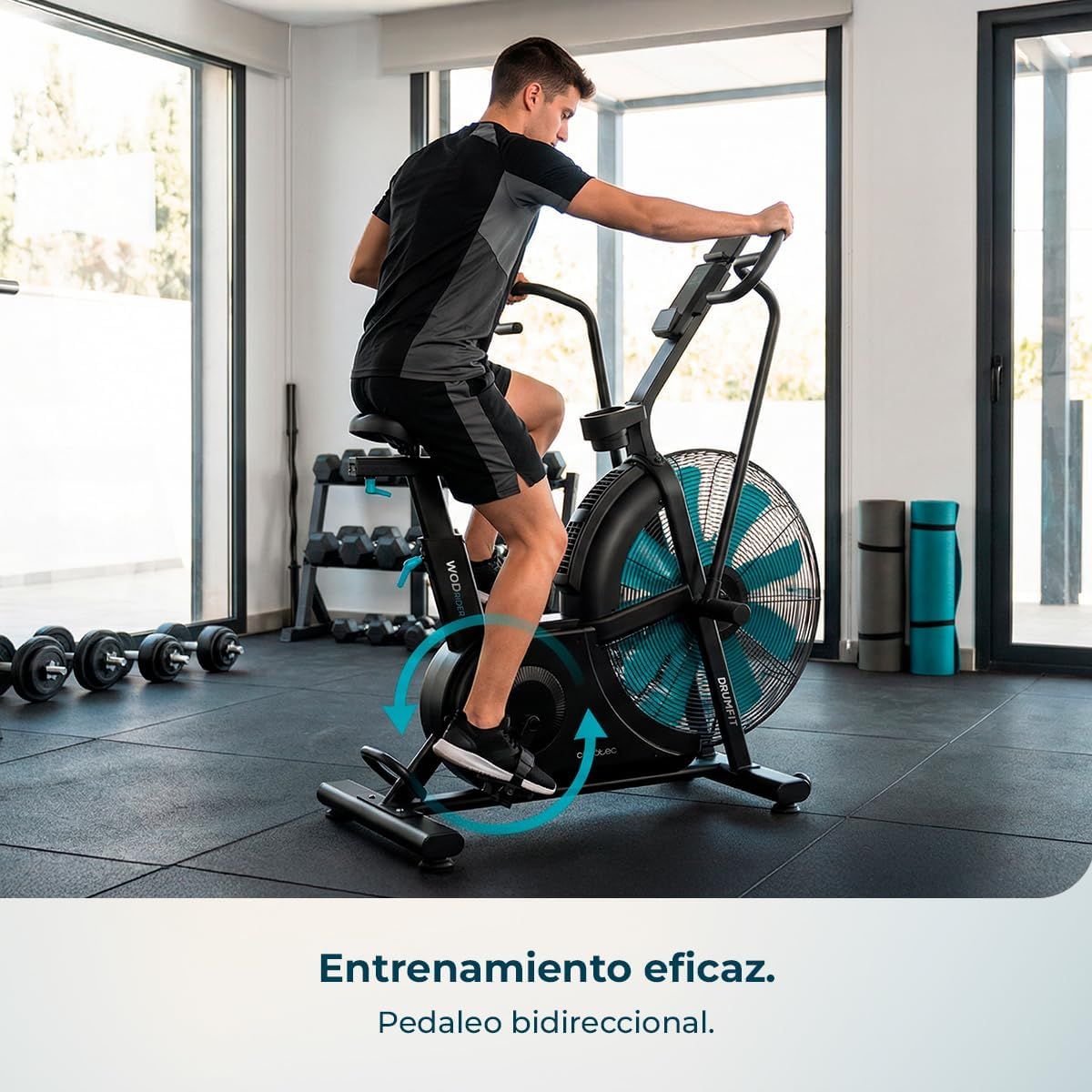 A01_EU01_122512 - Bicicleta de aire Cecotec DrumFit WOD Rider Ultimate Ventilador de 679.5 mm Resistencia progresiva Pedaleo bidireccional Doble correa silenciosa Pantalla LCD Conectividad Soporta hasta 150 kg Ruedas de transporte(A01_EU01_122512)