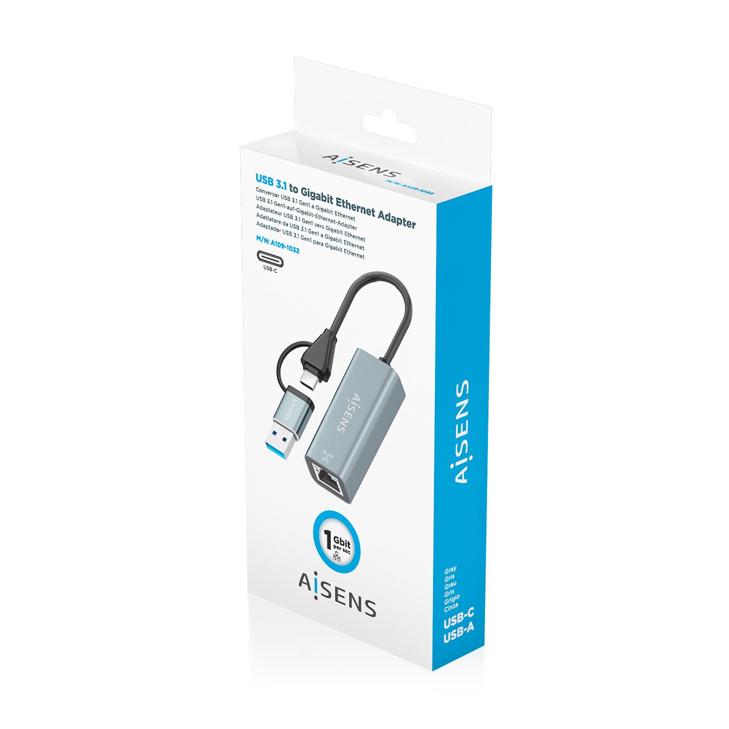 A109-1032 - Conversor AISENS USB-A/USB-C a RJ45 Ethernet GbE Gris (A109-1032)