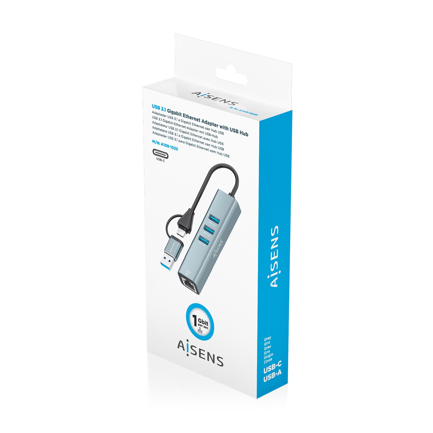 A109-1033 - Conversor USB 3.2 Gen1 AISENS de USB-A y USB-C a Ethernet Gigabit Conexion RJ45 10/100/1000 Mbps con HUB de 3 puertos USB 3.0 Cable de 15cm Plug and Play Compatible con Windows Mac OS y Linux .Gris (A109-1033)