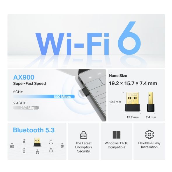 ARCHER TX10UB NANO - Adaptador TP-Link AX900 USB 2.0 WiFi 6 Dual Band Bluetooth 5.3 Negro (Archer TX10UB Nano)