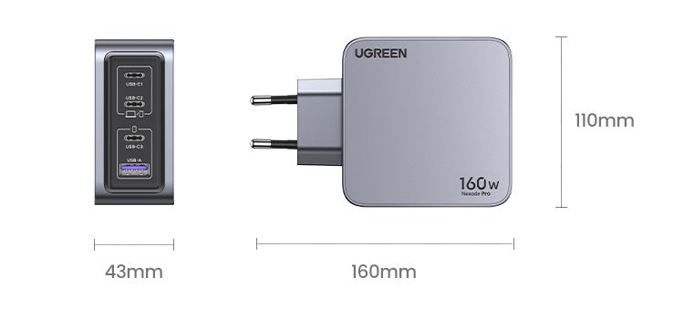 25877 - Cargador Ugreen Nexode Pro GaN PD 3.1 160W 3xUSB-C 1xUSB-A Negro/Gris (25877)