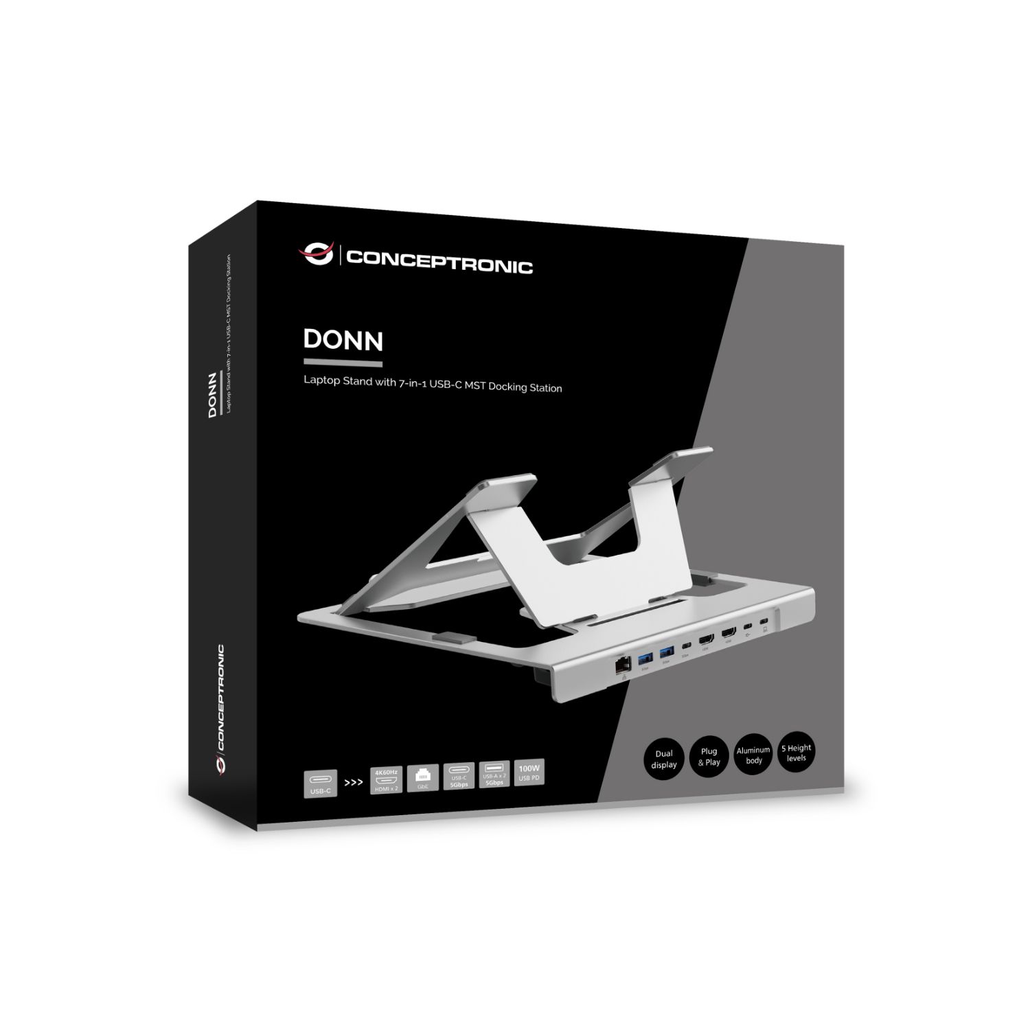 DONN35S - Docking Station USB-C con Soporte para port�til Conceptronic DONN35S HDMI 4K USB-A 3.0 RJ45 Power Delivery 100W Gris (DONN35S)