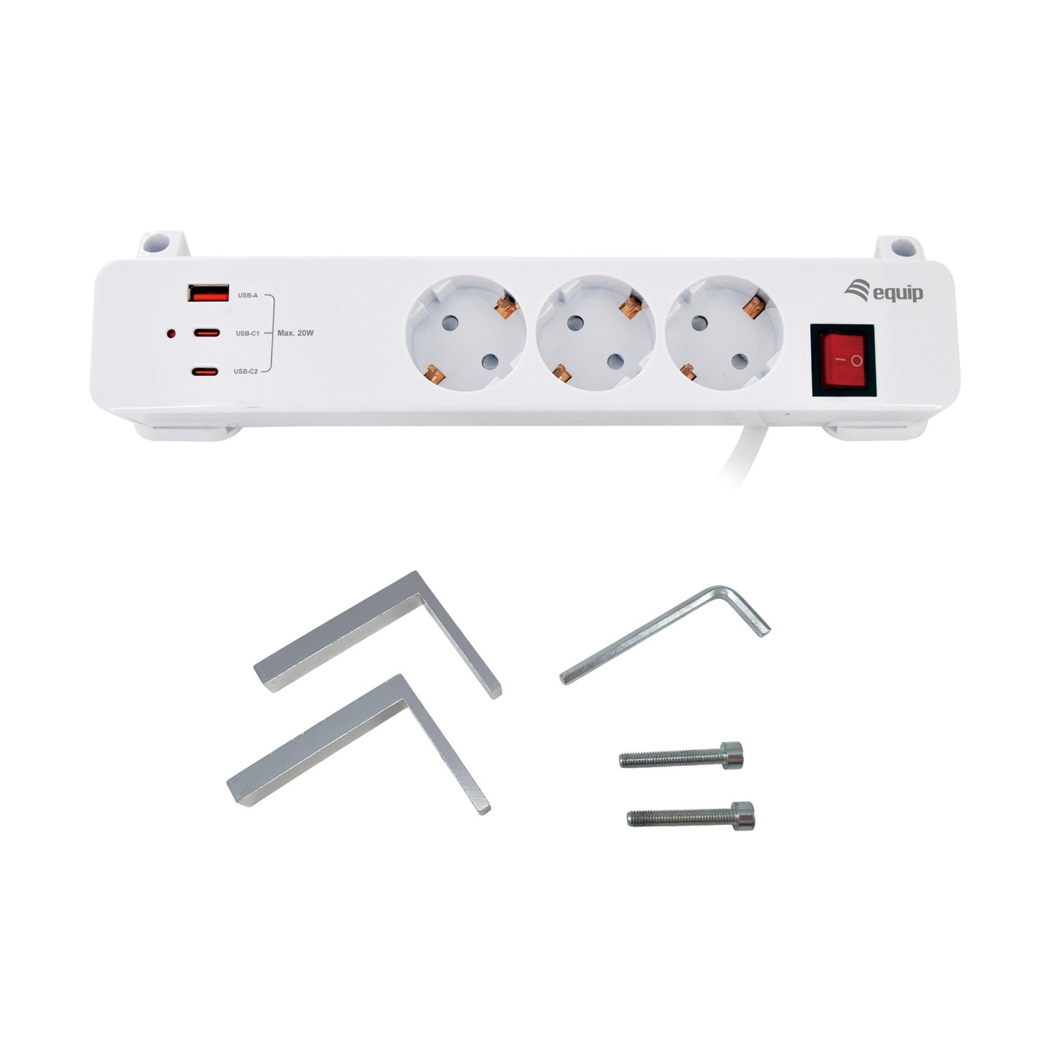 EQ245556 - Regleta de Alimentacion Equip con Abrazadera 3 Tomas Schuko 2xUSB-C 1xUSB-A Carga Rapida 20W Blanco (EQ245556)