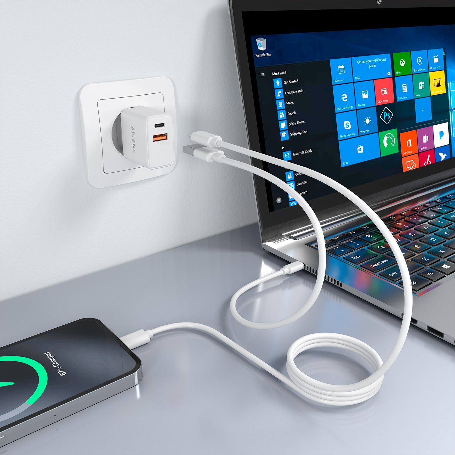 ASCH-20W2P083-W - Cargador de Pared AISENS GaN 20W PD 3.0 QC 4.0 1xUSB-C 1xUSB-A Cable 1m Blanco (ASCH-20W2P083-W)