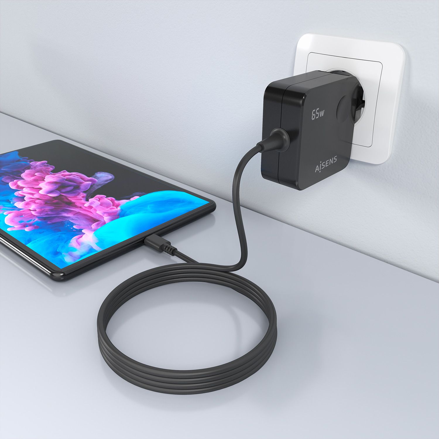 ASCH-1PD65WL85-BK - Cargador de Pared AISENS GaN 65W 1xUSB-C PD 3.0 Cable 1.5m. Negro (ASCH-1PD65WL85-BK)