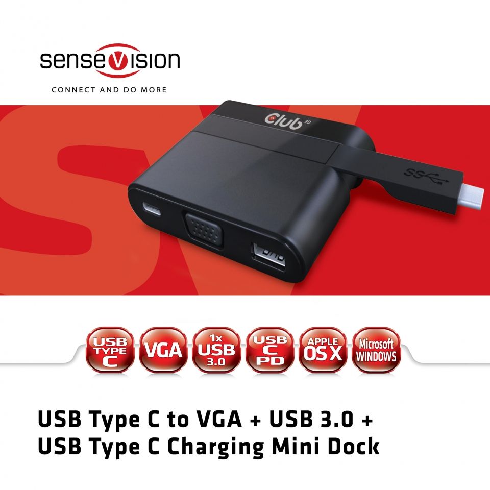 CSV-1532 - Mini Dock Club 3D USB-C a USB-A/USB-C/VGA Negro (CSV-1532)