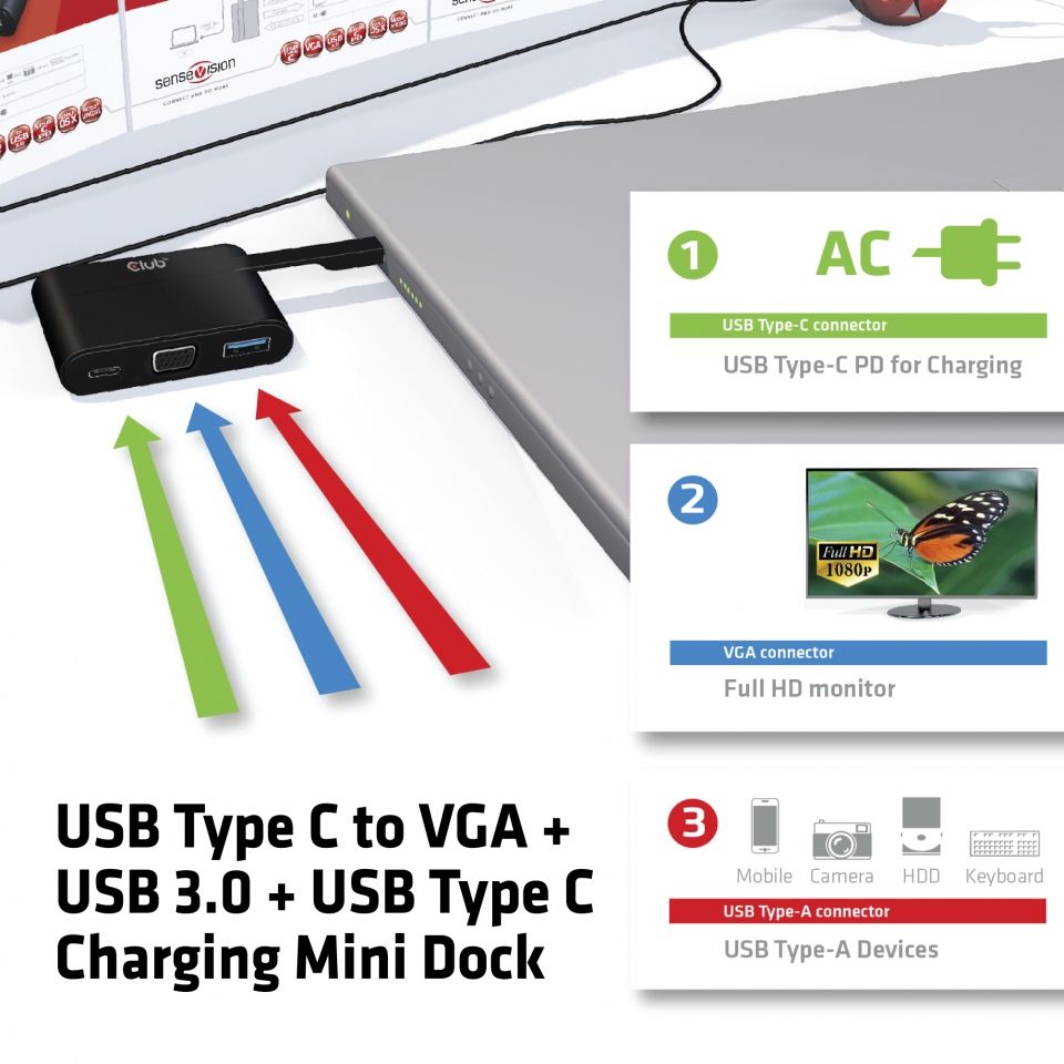 CSV-1532 - Mini Dock Club 3D USB-C a USB-A/USB-C/VGA Negro (CSV-1532)