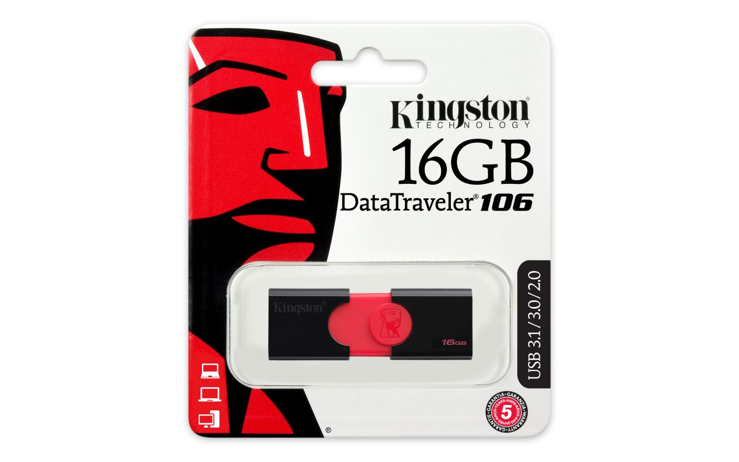 DT106/16GB - Unidad flash USB Kingston Technology DataTraveler 106 unidad  USB 16 GB 3.0 (3.1 Gen 1) Conector USB Tipo A Negro, Rojo