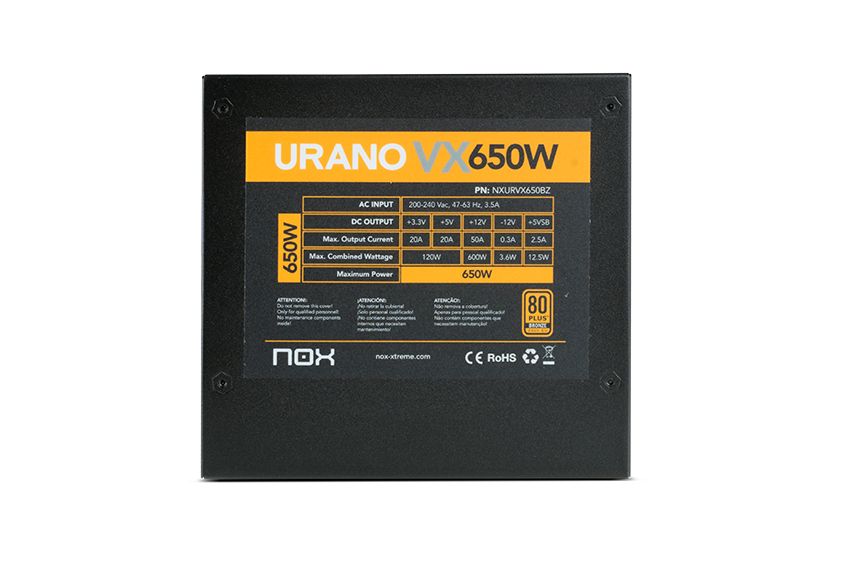 NXURVX650BZ - Fuente NOX URANO VX 650W ATX PFC 85% 120mm 24-pin ATX Molex SATA PCIe 80 Plus Bronze Negra/Naranja (NXURVX650BZ)