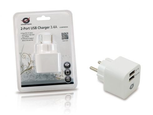 CUSBPWR34A - Cargador de Pared CONCEPTRONIC Smartphone C�mara Digital Tablet GPS 2xUSB 2-0 Blanco (CUSBPWR34A)