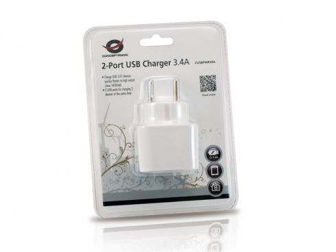 CUSBPWR34A - Cargador de Pared CONCEPTRONIC Smartphone C�mara Digital Tablet GPS 2xUSB 2-0 Blanco (CUSBPWR34A)