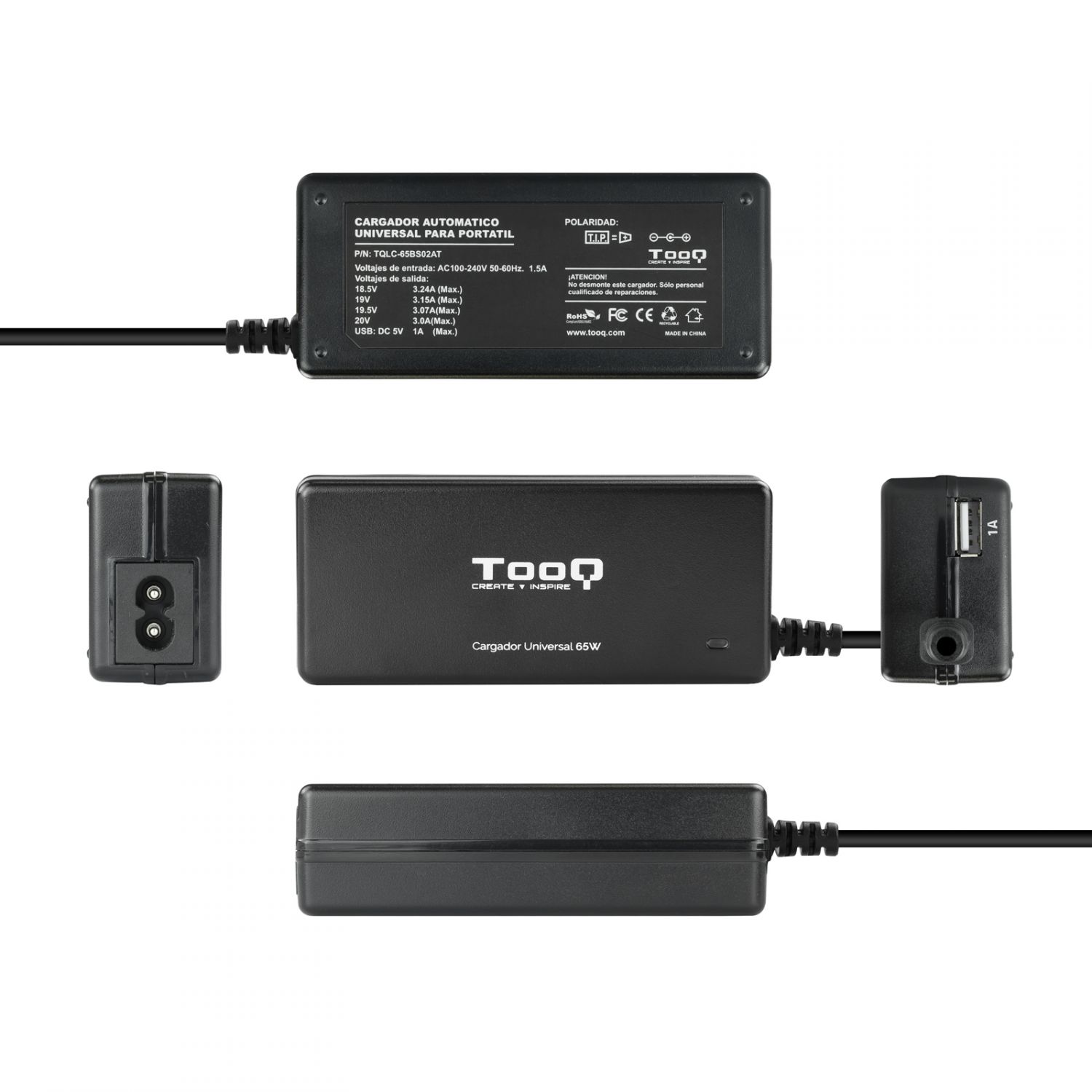 TQLC-65BS02AT - Cargador Notebook TOOQ 65W 8 Conectores DC 1xUSB Negro (TQLC-65BS02AT)