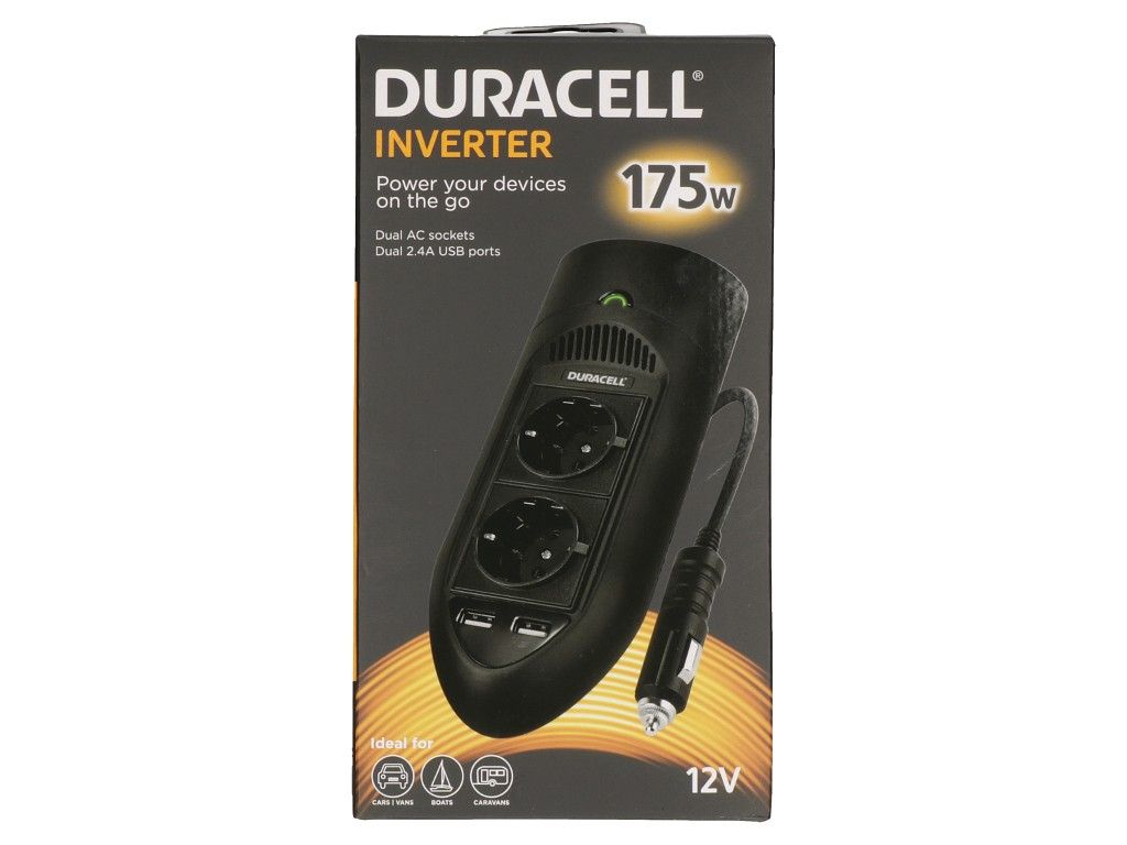 DRINV15-EU - Adaptador e inversor de corriente Duracell DRINV15-EU adaptador e  de  Interior 175 W Negro. Convierte la toma de 12v en 2 tomas Ac +2 tomas Usb.